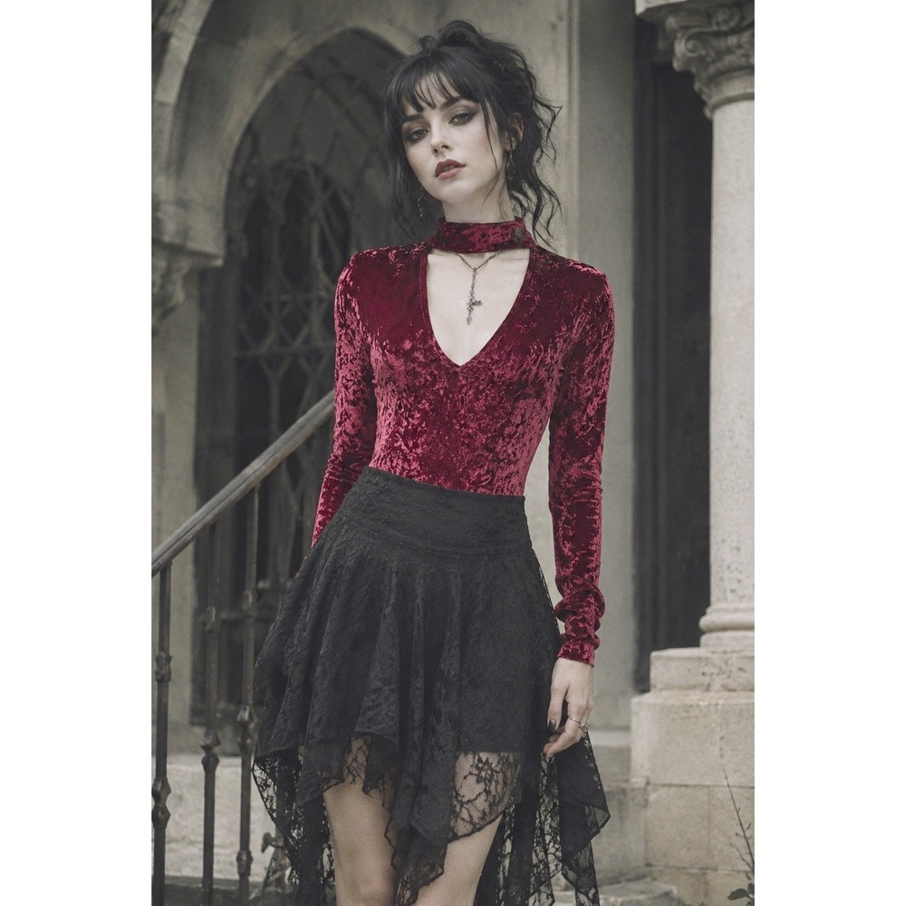Wine Red Crushed Velvet‎ Bodysuit M Choker Neck Thong Stretchy 90s Goth